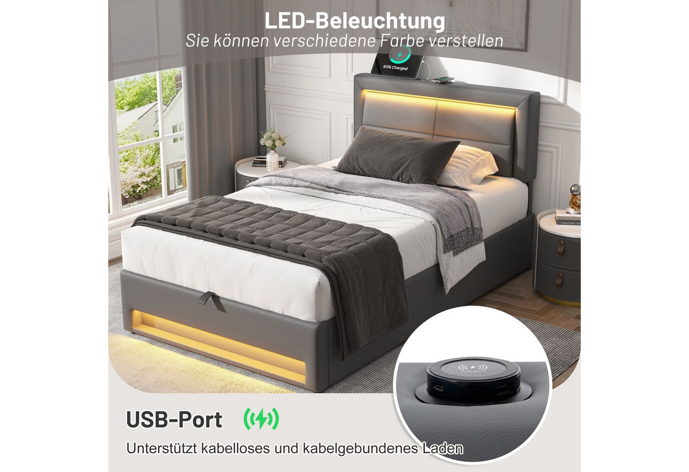 Flieks Polsterbett, LED Einzelbett 90x200cm mit USB-Anschluss und hydraulischem Stauraum – Bild 3 von 5