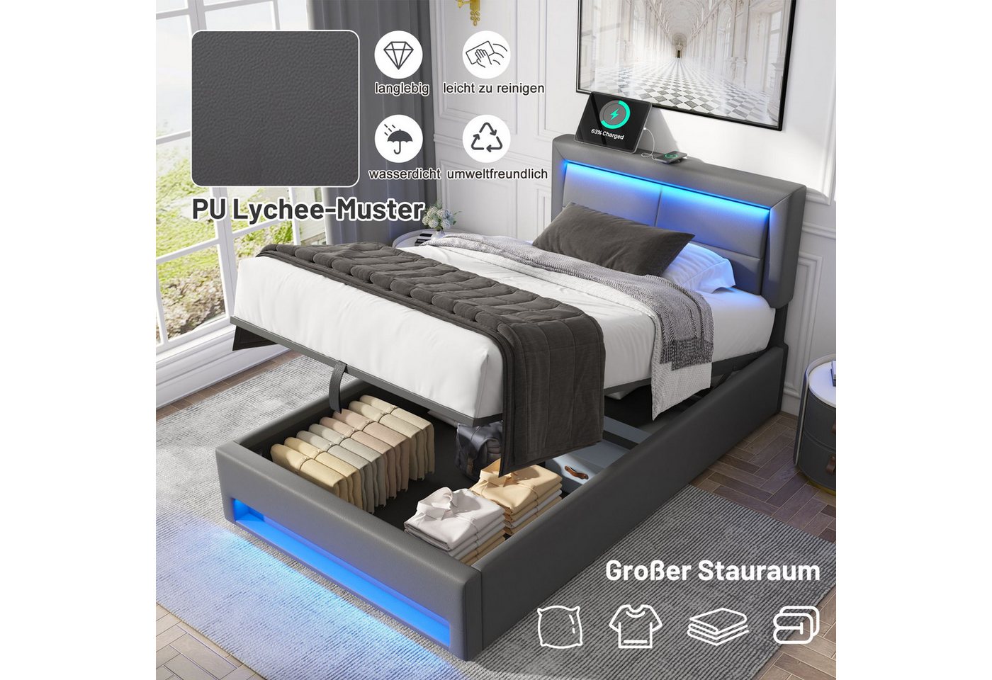 Flieks Polsterbett, LED Einzelbett 90x200cm mit USB-Anschluss und hydraulischem Stauraum – Bild 4 von 5