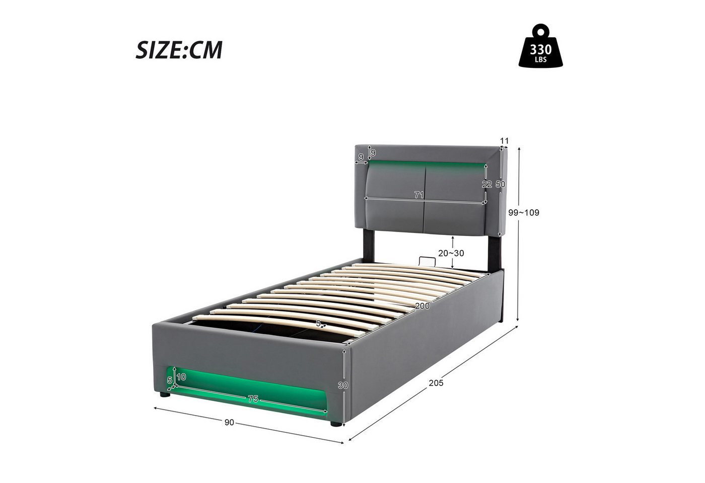Flieks Polsterbett, LED Einzelbett 90x200cm mit USB-Anschluss und hydraulischem Stauraum – Bild 5 von 5