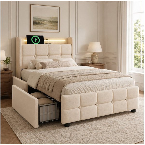 Flieks Polsterbett, LED-Beleuchtung Einzelbett 90x200cm mit Ladefunktion und 2 Schubladen