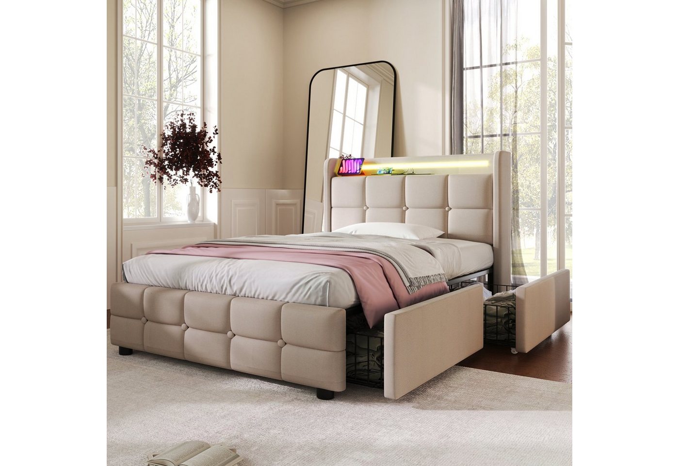 Flieks Polsterbett, LED-Beleuchtung Einzelbett 90x200cm mit Ladefunktion und 2 Schubladen – Bild 2 von 5