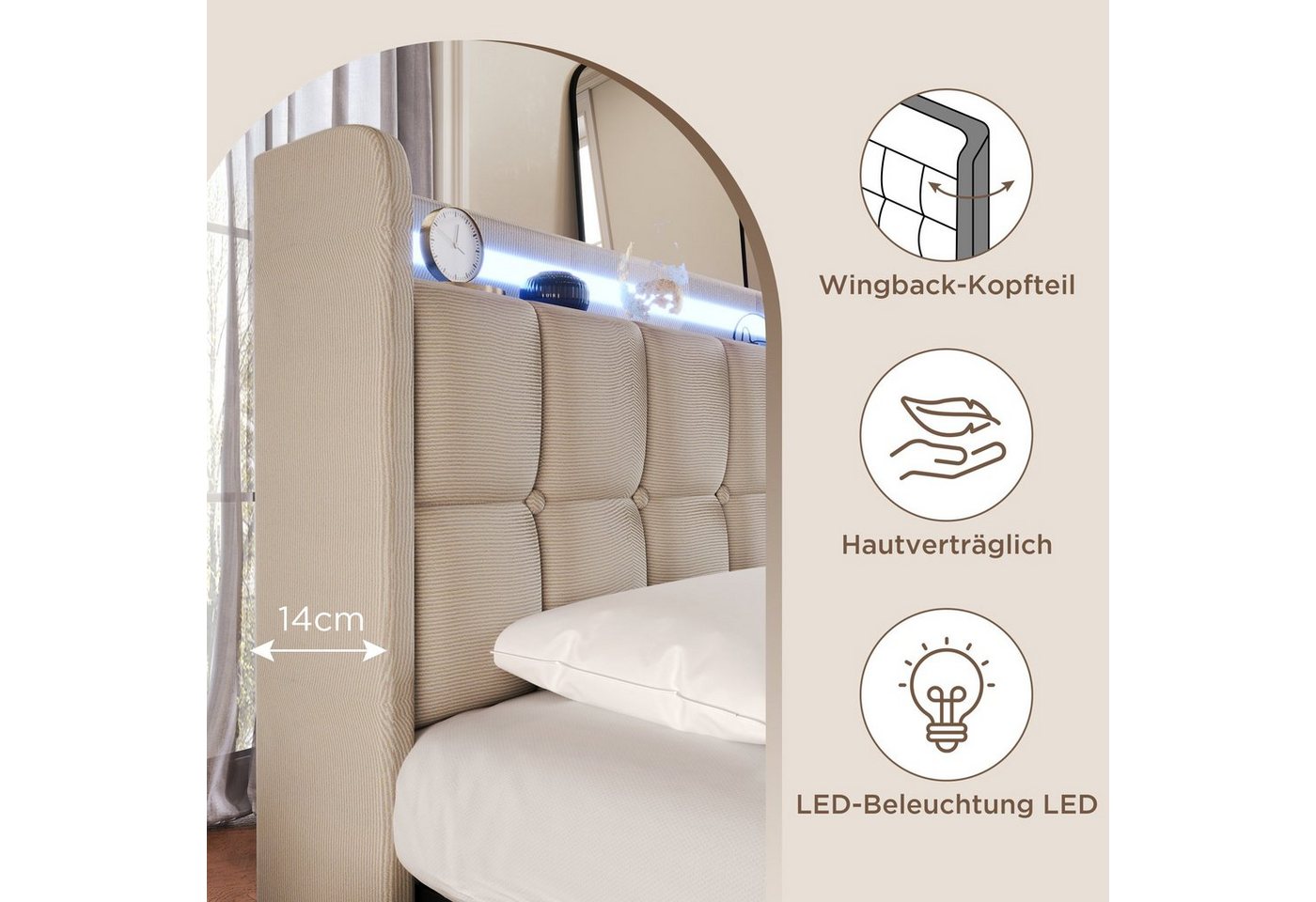 Flieks Polsterbett, LED-Beleuchtung Einzelbett 90x200cm mit Ladefunktion und 2 Schubladen – Bild 3 von 5