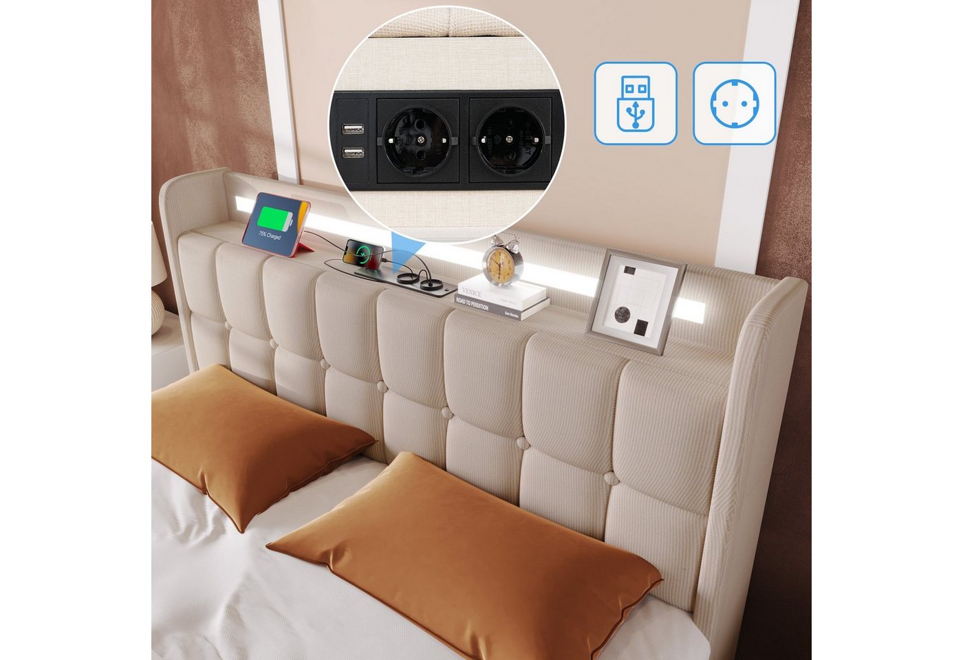 Flieks Polsterbett, LED-Beleuchtung Einzelbett 90x200cm mit Ladefunktion und 2 Schubladen – Bild 4 von 5