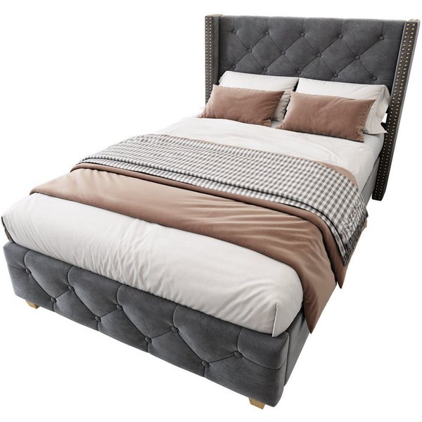 Flieks Polsterbett, Massivholz Einzelbett 90x200cm mit Lattenrost und Polster-Kopfteil