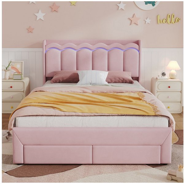 Flieks Polsterbett, Kinderbett 140x200cm mit Wellenform-Kopfteil, 2 Schubladen, LED-Leiste