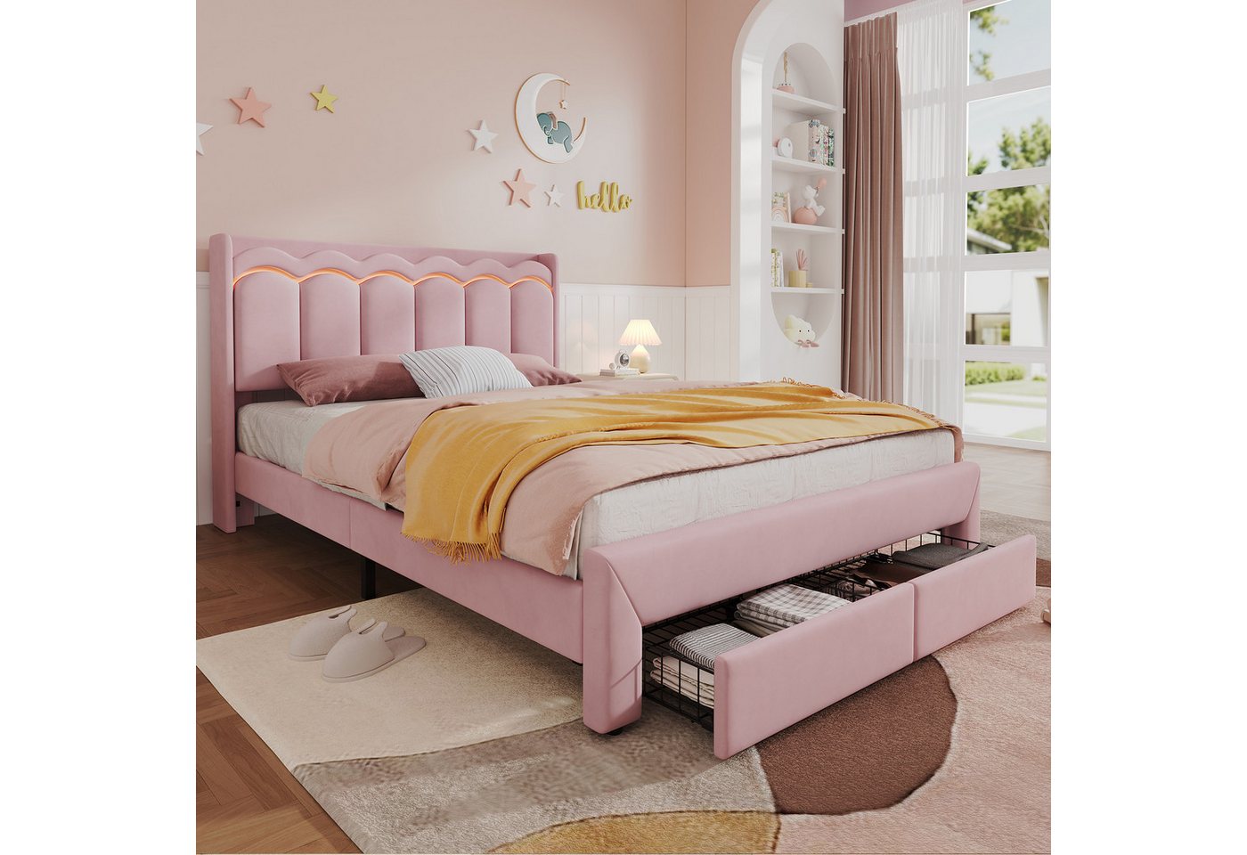 Flieks Polsterbett, Kinderbett 140x200cm mit Wellenform-Kopfteil, 2 Schubladen, LED-Leiste – Bild 2 von 5