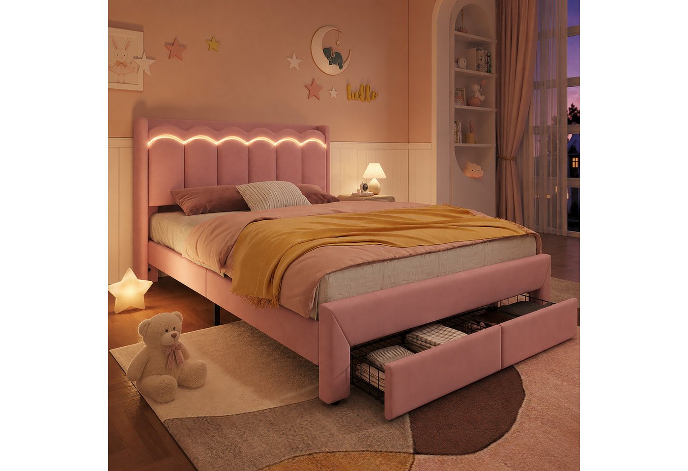 Flieks Polsterbett, Kinderbett 140x200cm mit Wellenform-Kopfteil, 2 Schubladen, LED-Leiste – Bild 3 von 5