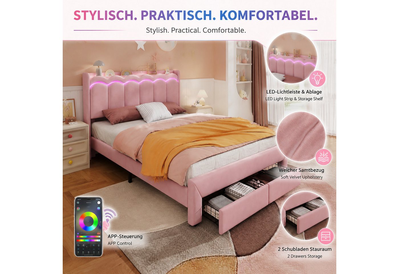 Flieks Polsterbett, Kinderbett 140x200cm mit Wellenform-Kopfteil, 2 Schubladen, LED-Leiste – Bild 5 von 5