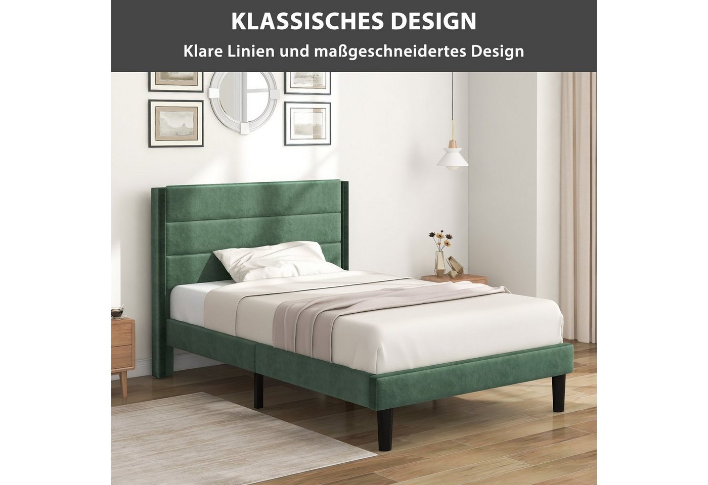 Flieks Polsterbett, gepolstertes Einzelbett Textilbezug Samt, 90x200cm – Bild 2 von 5