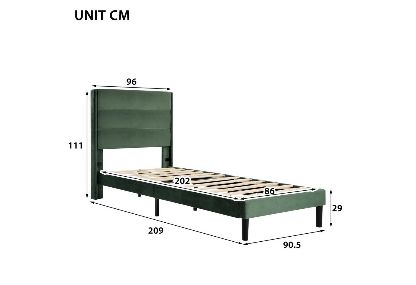 Flieks Polsterbett, gepolstertes Einzelbett Textilbezug Samt, 90x200cm – Bild 3 von 5