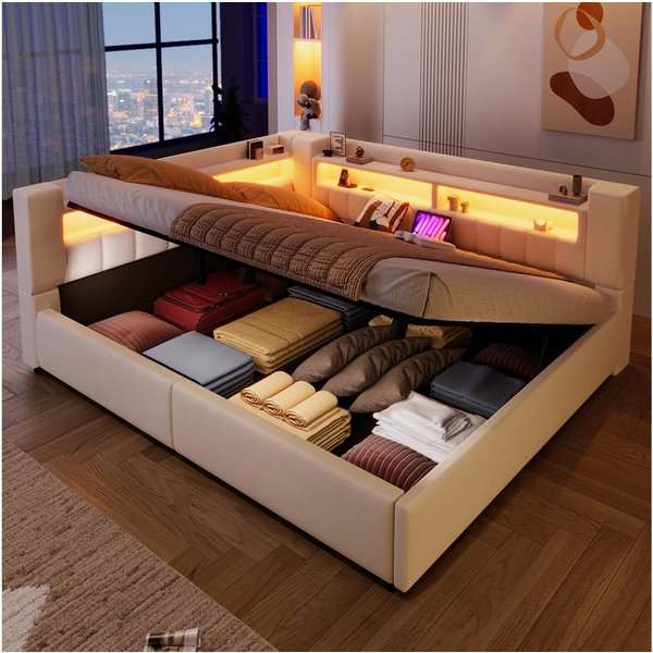 Flieks Polsterbett, Hydraulisches Daybett 140x200cm mit Ladefunktion und LED-Beleuchtung