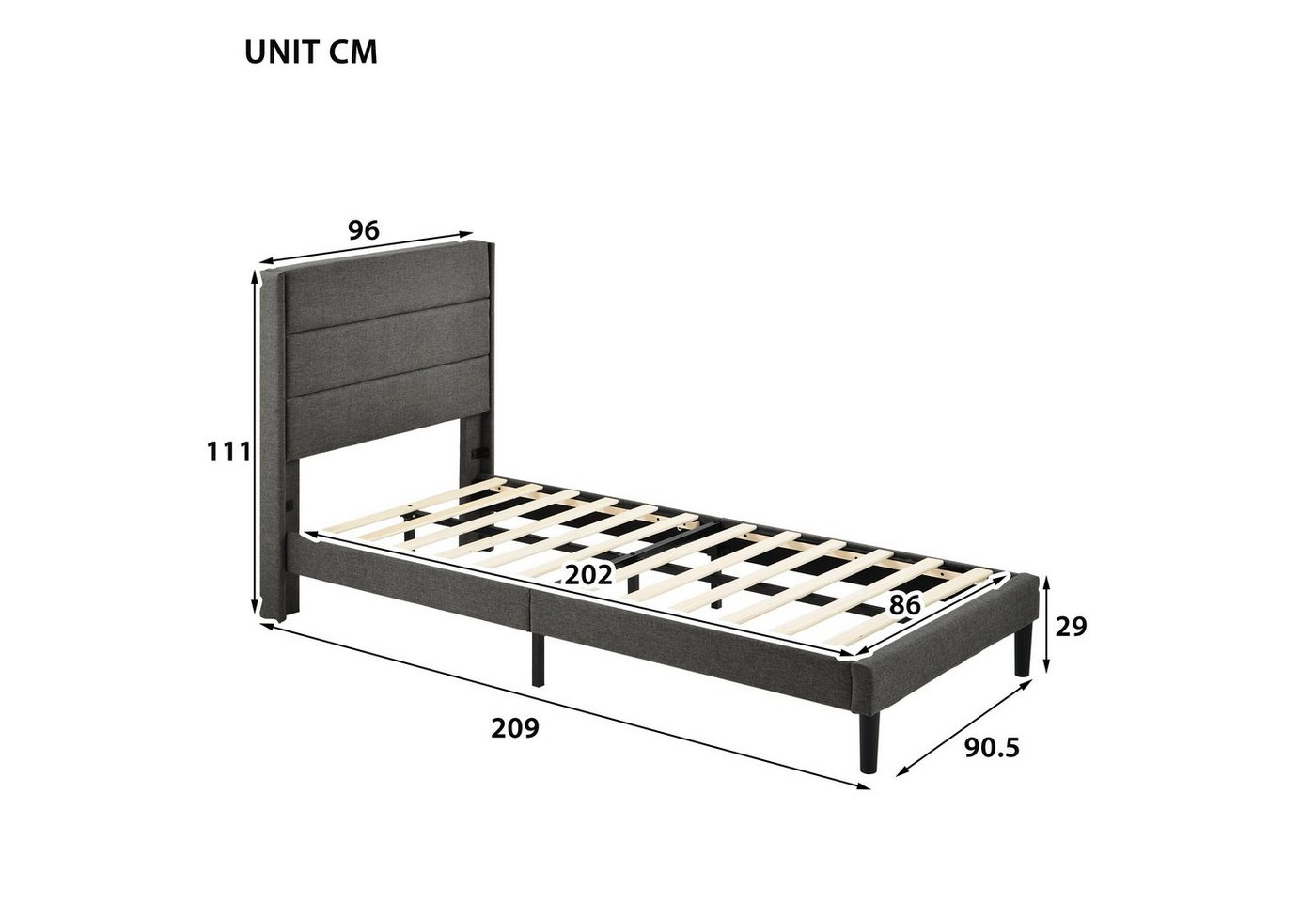 Flieks Polsterbett, gepolstertes Einzelbett Textilbezug Leinen, 90x200cm – Bild 3 von 5