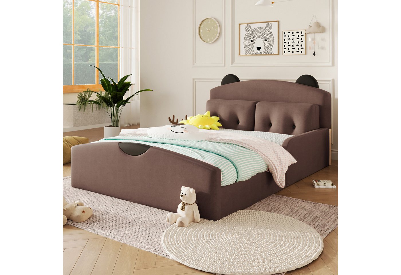 Flieks Polsterbett, Bären-Design Kinderbett Plattformbett 140x200cm mit 2 Zierkissen – Bild 2 von 5