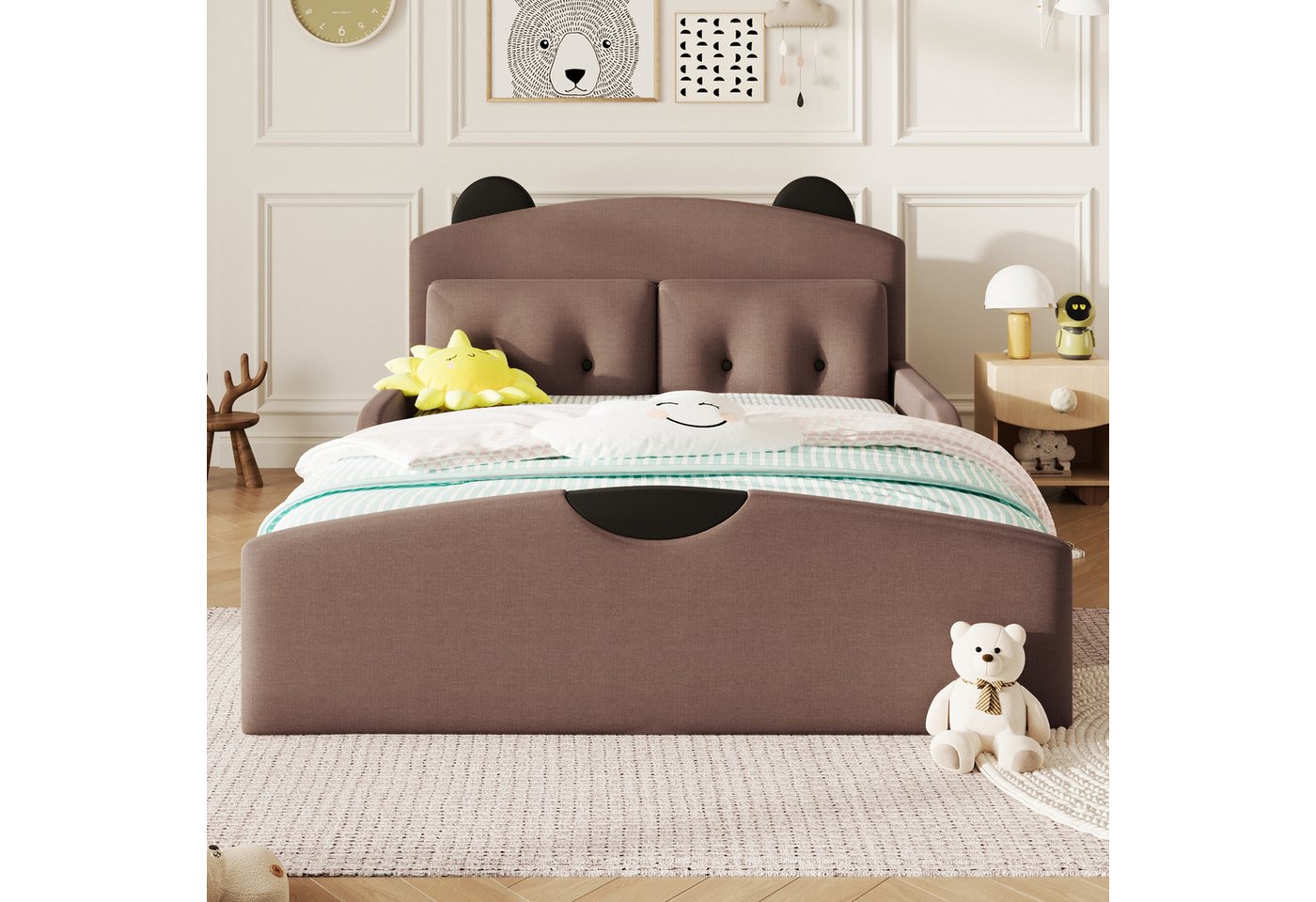 Flieks Polsterbett, Bären-Design Kinderbett Plattformbett 140x200cm mit 2 Zierkissen – Bild 3 von 5