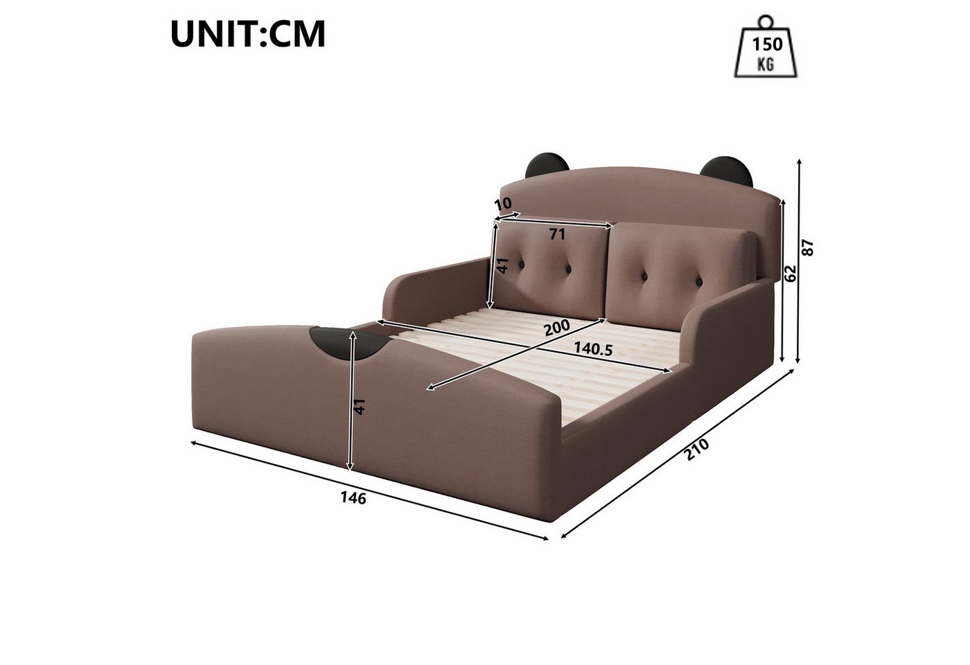 Flieks Polsterbett, Bären-Design Kinderbett Plattformbett 140x200cm mit 2 Zierkissen – Bild 4 von 5