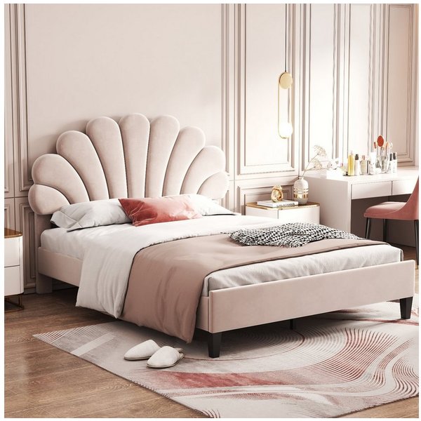 Flieks Polsterbett, Doppelbett Kinderbett Blumenform-Kopfteil Samt 140x200cm