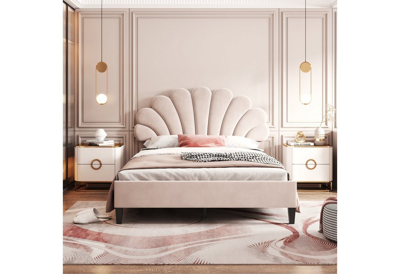 Flieks Polsterbett, Doppelbett Kinderbett Blumenform-Kopfteil Samt 140x200cm – Bild 2 von 5