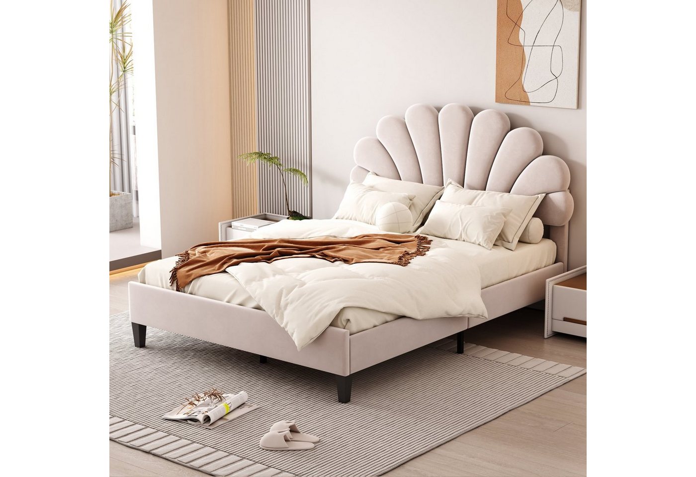Flieks Polsterbett, Doppelbett Kinderbett Blumenform-Kopfteil Samt 140x200cm – Bild 3 von 5