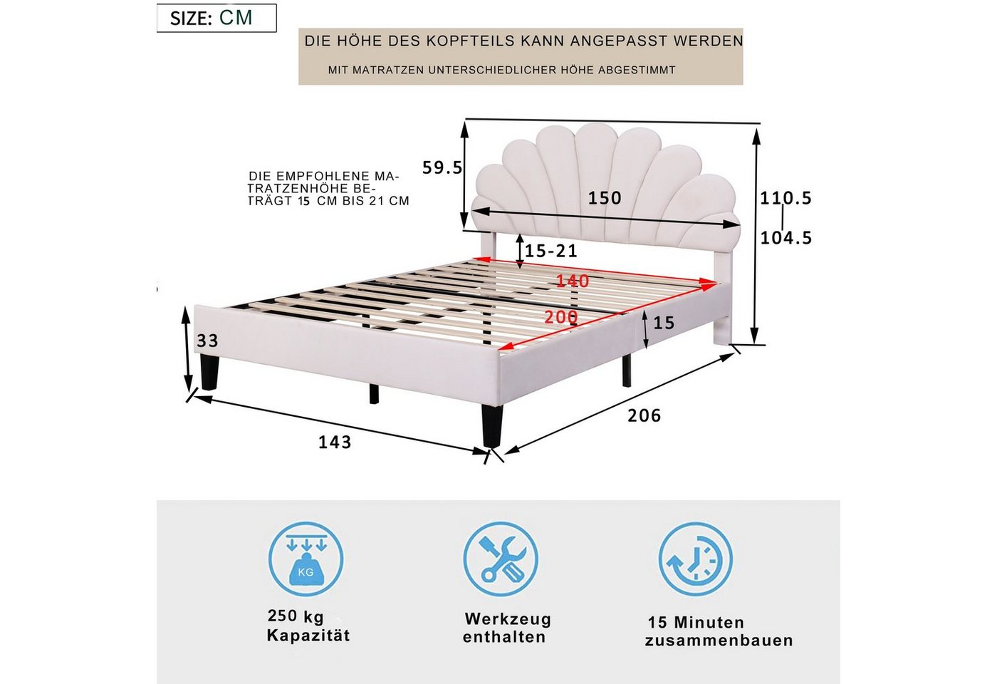 Flieks Polsterbett, Doppelbett Kinderbett Blumenform-Kopfteil Samt 140x200cm – Bild 4 von 5