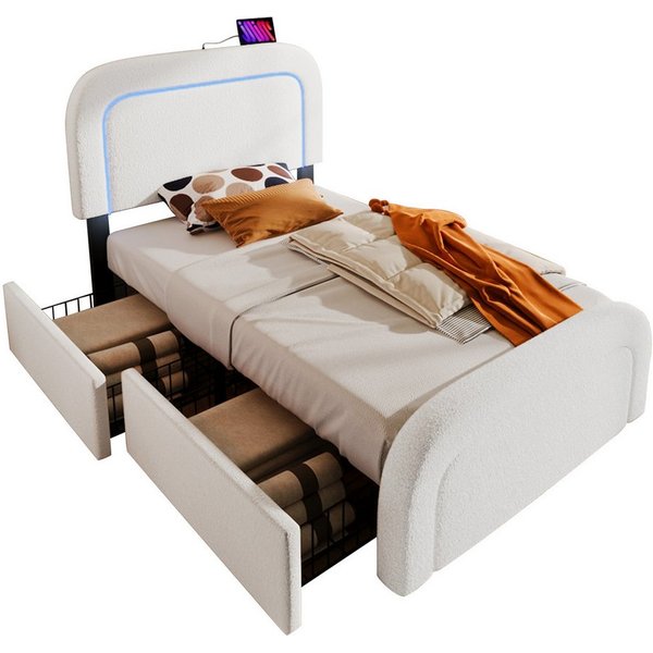 Flieks Polsterbett, LED Holzbett mit Ladefunktion und Schubladen 90x200cm Lammwolle-Bezug