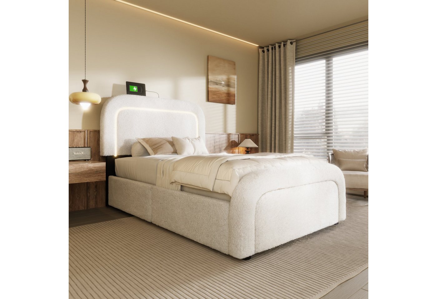 Flieks Polsterbett, LED Holzbett mit Ladefunktion und Schubladen 90x200cm Lammwolle-Bezug – Bild 3 von 5