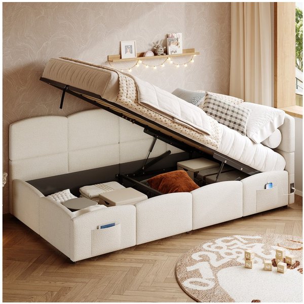Flieks Polsterbett, Hydraulisches Kinderbett Daybett 90x200cm mit USB-Aufladen & Stauraum