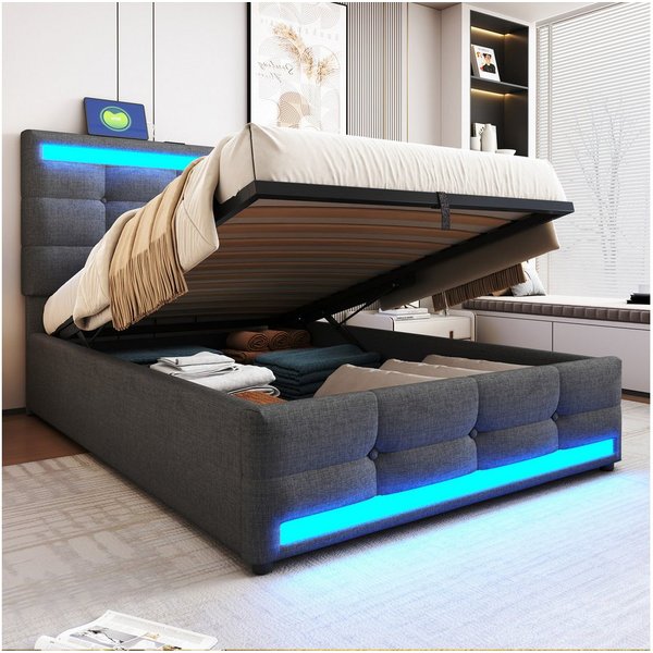 Flieks Polsterbett, LED Einzelbett Stauraumbett 2 USB-Anschluss 90x200cm Leinen