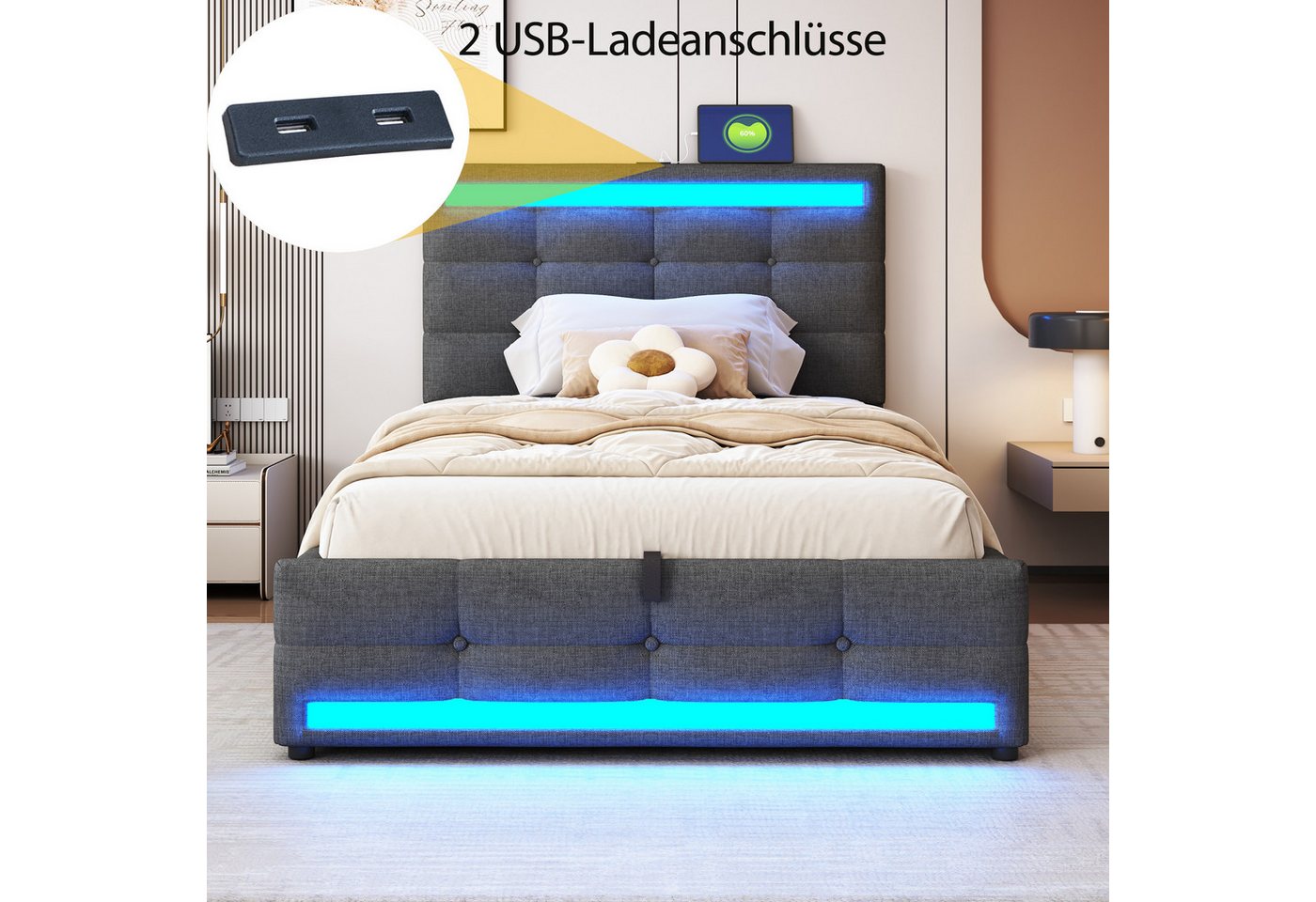 Flieks Polsterbett, LED Einzelbett Stauraumbett 2 USB-Anschluss 90x200cm Leinen – Bild 2 von 5