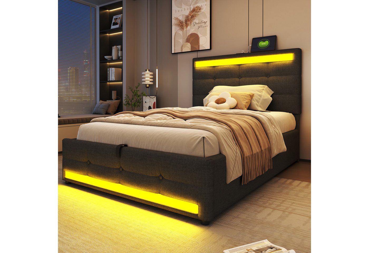 Flieks Polsterbett, LED Einzelbett Stauraumbett 2 USB-Anschluss 90x200cm Leinen – Bild 3 von 5