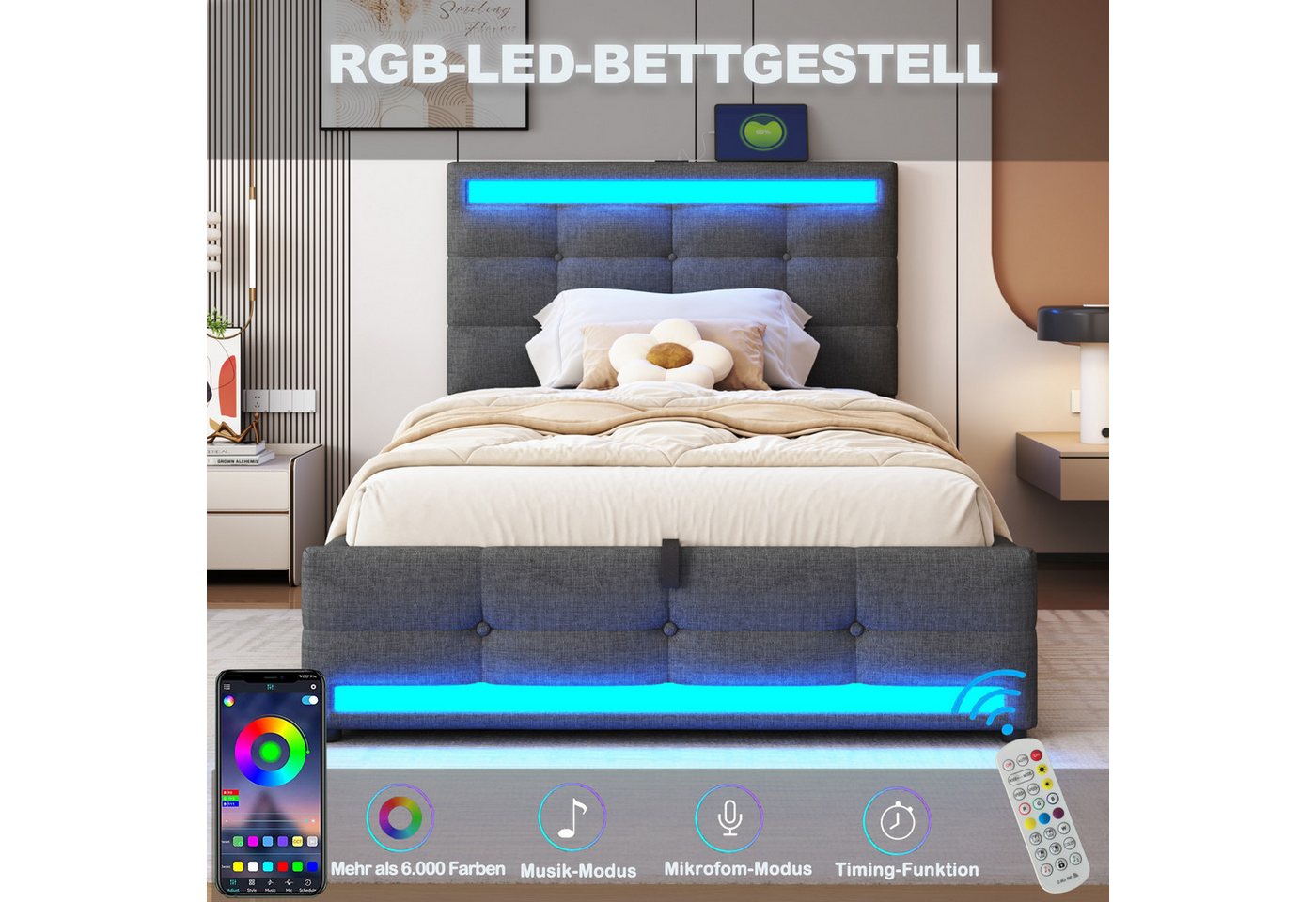 Flieks Polsterbett, LED Einzelbett Stauraumbett 2 USB-Anschluss 90x200cm Leinen – Bild 4 von 5