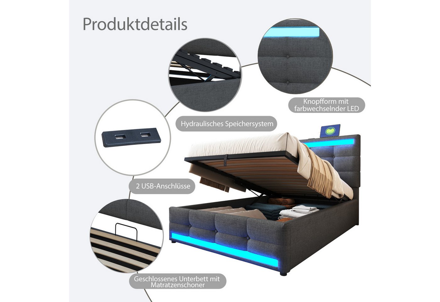 Flieks Polsterbett, LED Einzelbett Stauraumbett 2 USB-Anschluss 90x200cm Leinen – Bild 5 von 5