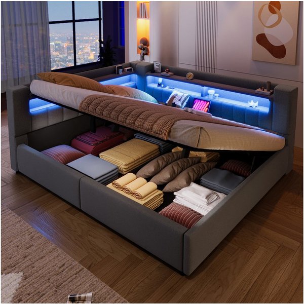 Flieks Polsterbett, Hydraulisches Daybett 140x200cm mit Ladefunktion und LED-Beleuchtung