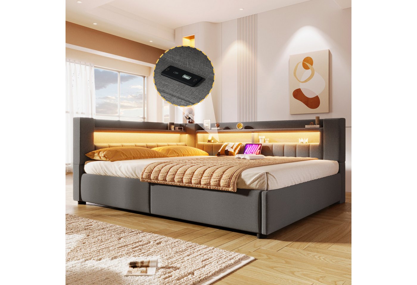 Flieks Polsterbett, Hydraulisches Daybett 140x200cm mit Ladefunktion und LED-Beleuchtung – Bild 2 von 5