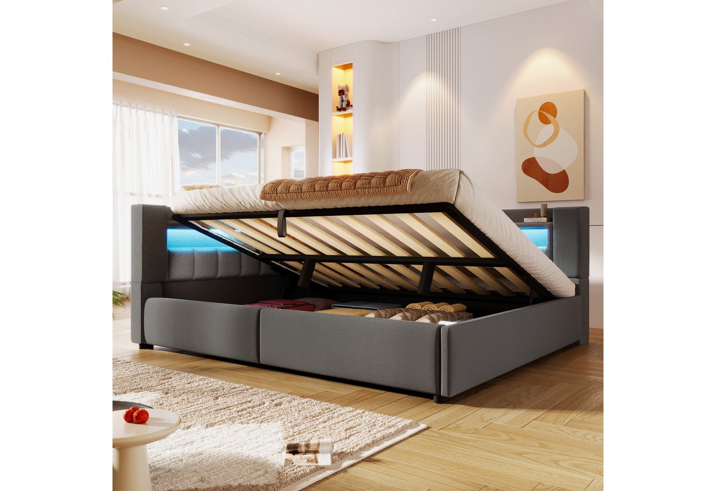 Flieks Polsterbett, Hydraulisches Daybett 140x200cm mit Ladefunktion und LED-Beleuchtung – Bild 3 von 5