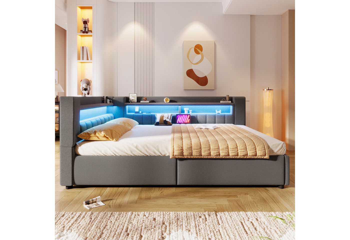 Flieks Polsterbett, Hydraulisches Daybett 140x200cm mit Ladefunktion und LED-Beleuchtung – Bild 4 von 5