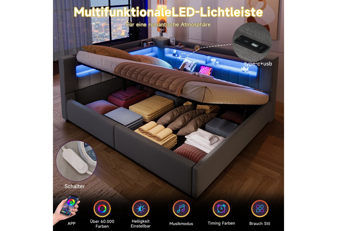 Flieks Polsterbett, Hydraulisches Daybett 140x200cm mit Ladefunktion und LED-Beleuchtung – Bild 5 von 5
