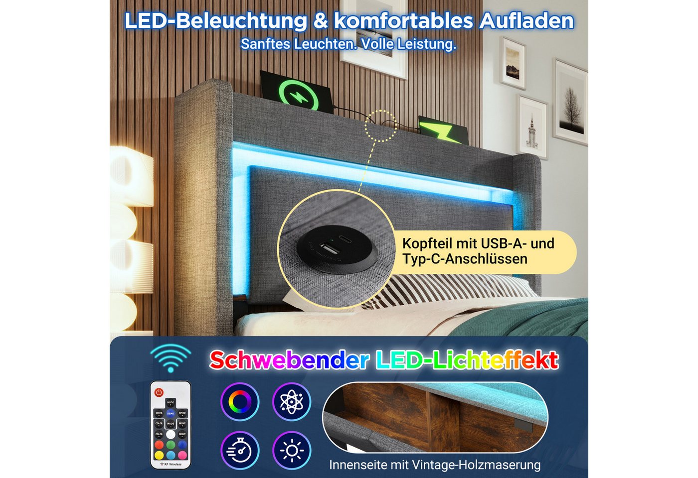 Flieks Polsterbett, Hydraulisches Stauraumbett 90x200cm mit LED & Aufladen & Schublade – Bild 4 von 5