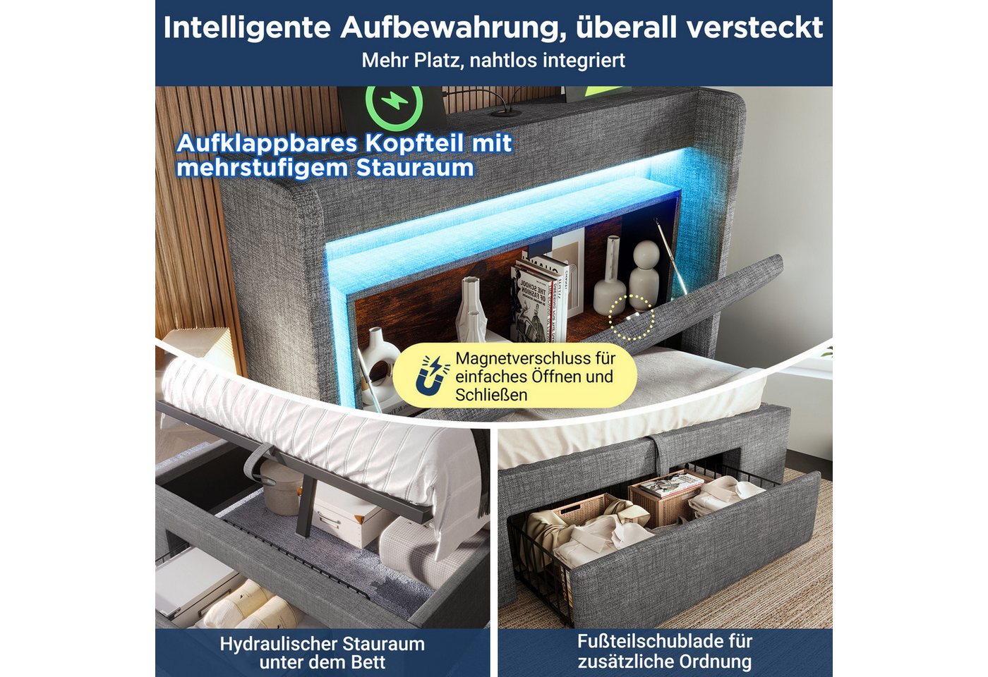 Flieks Polsterbett, Hydraulisches Stauraumbett 90x200cm mit LED & Aufladen & Schublade – Bild 5 von 5