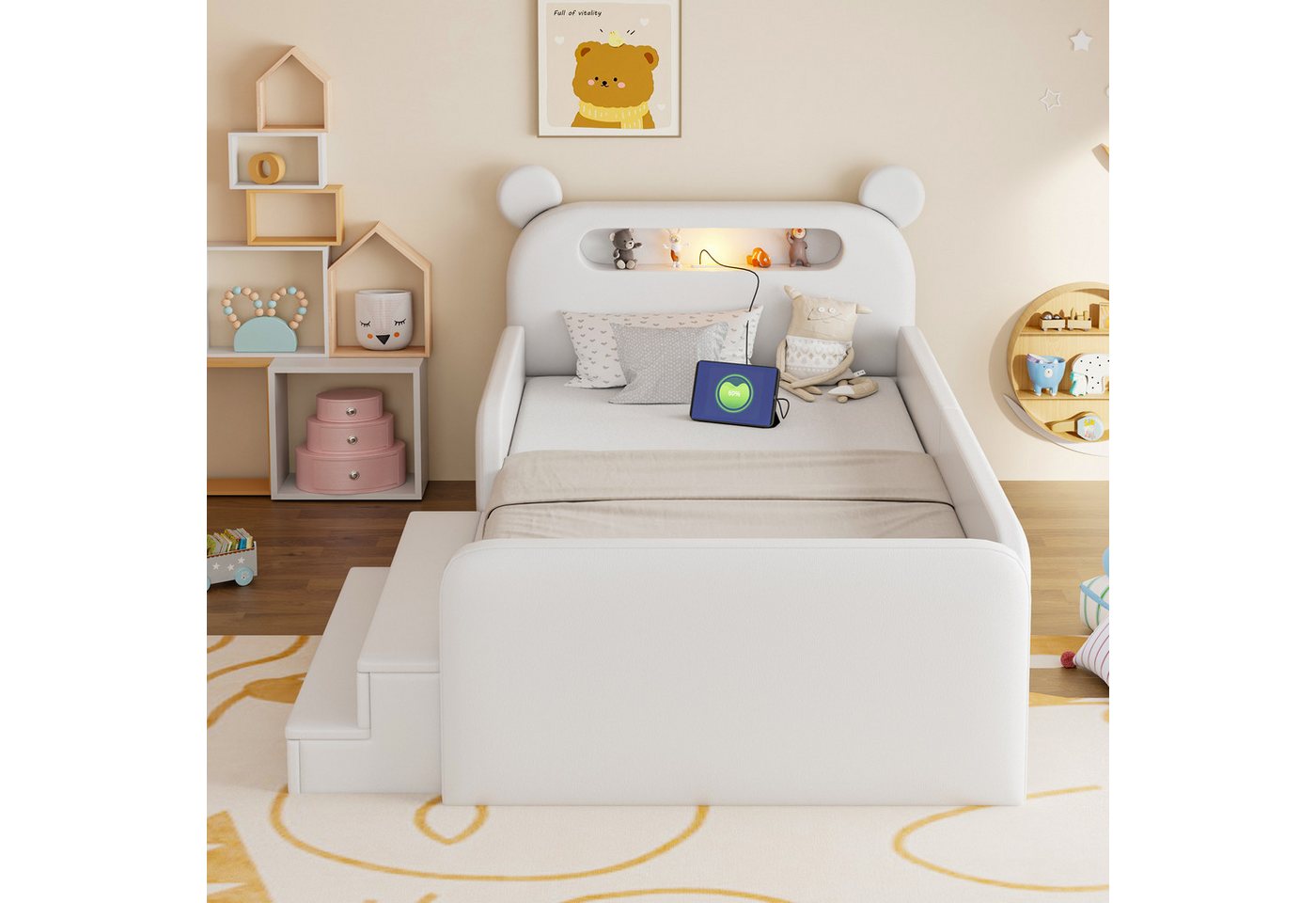 Flieks Polsterbett, Kinderbett 90x200cm mit Bären-Kopfteil Nachtlicht USB-Laden Schublade – Bild 2 von 5