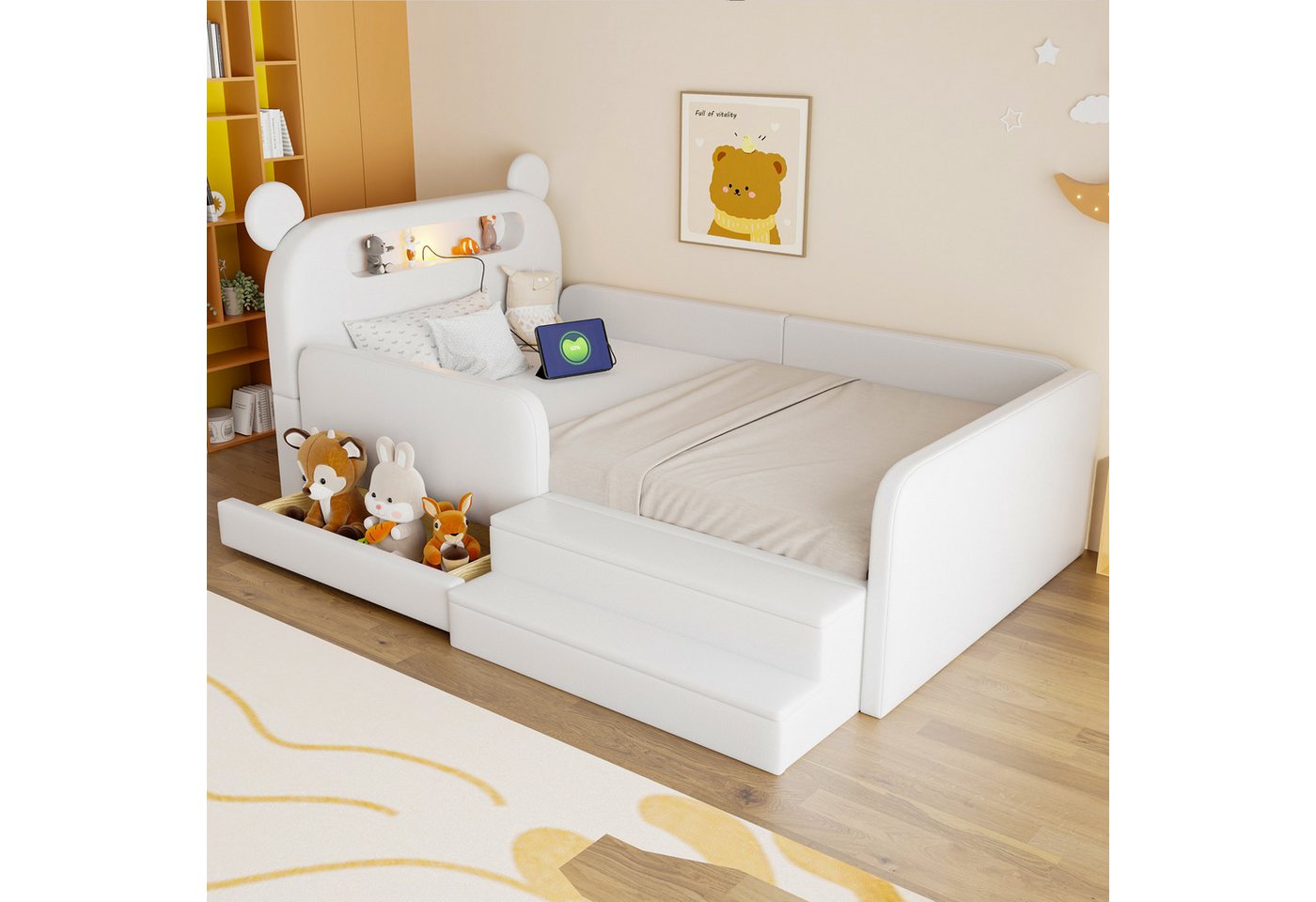 Flieks Polsterbett, Kinderbett 90x200cm mit Bären-Kopfteil Nachtlicht USB-Laden Schublade – Bild 3 von 5