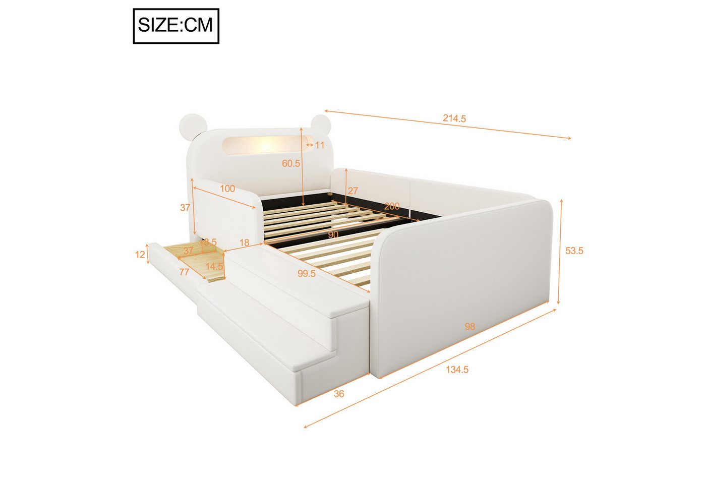Flieks Polsterbett, Kinderbett 90x200cm mit Bären-Kopfteil Nachtlicht USB-Laden Schublade – Bild 4 von 5