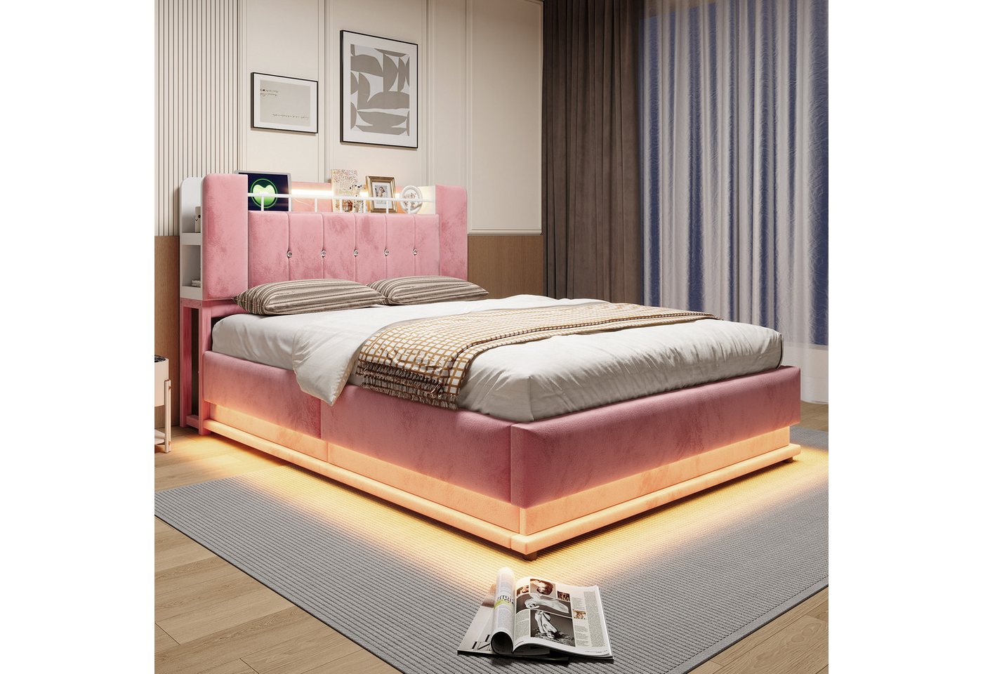 Flieks Polsterbett, Hydraulisches Stauraumbett Kinderbett 140x200cm mit LED und Aufladen – Bild 3 von 5