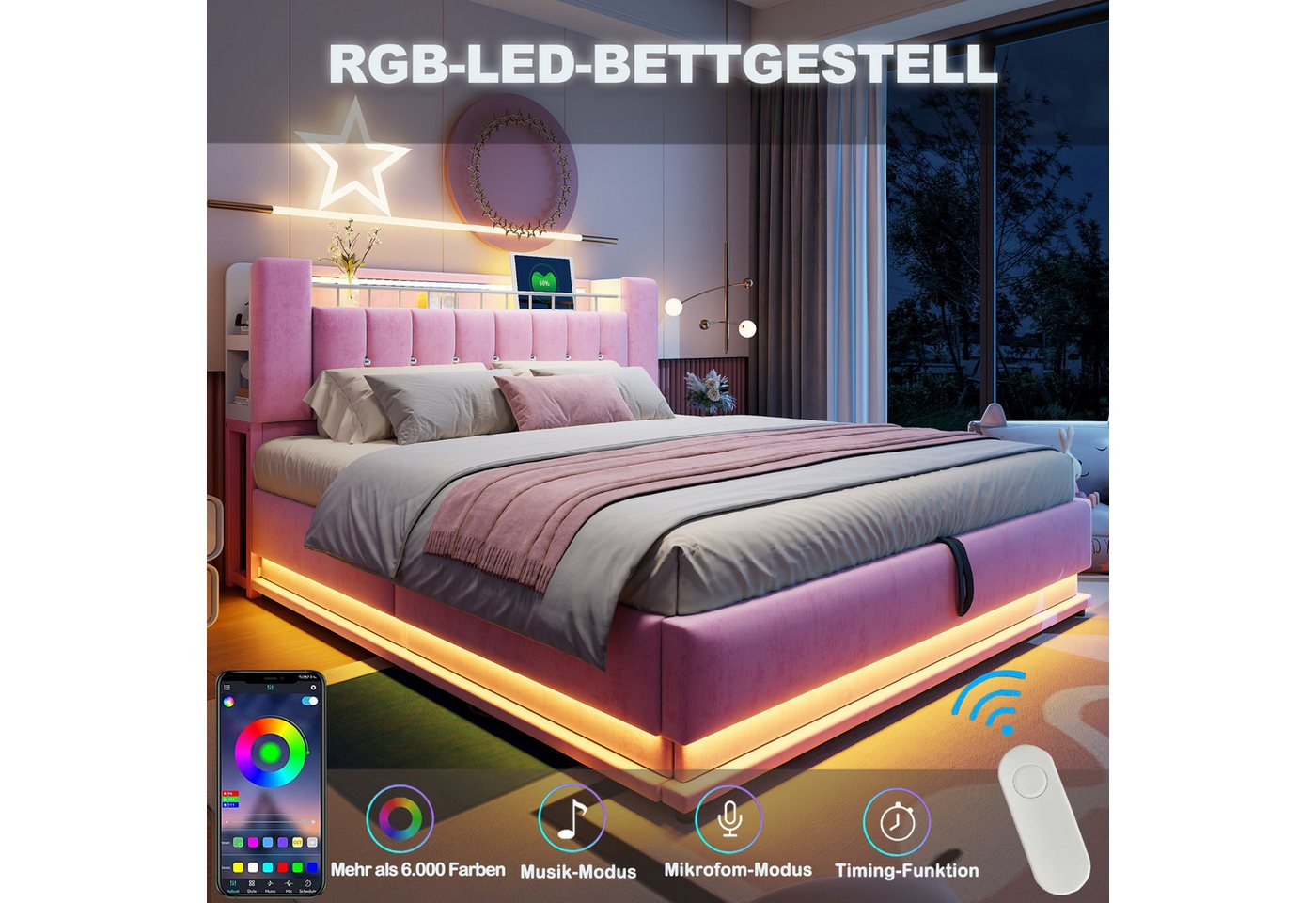 Flieks Polsterbett, Hydraulisches Stauraumbett Kinderbett 140x200cm mit LED und Aufladen – Bild 4 von 5