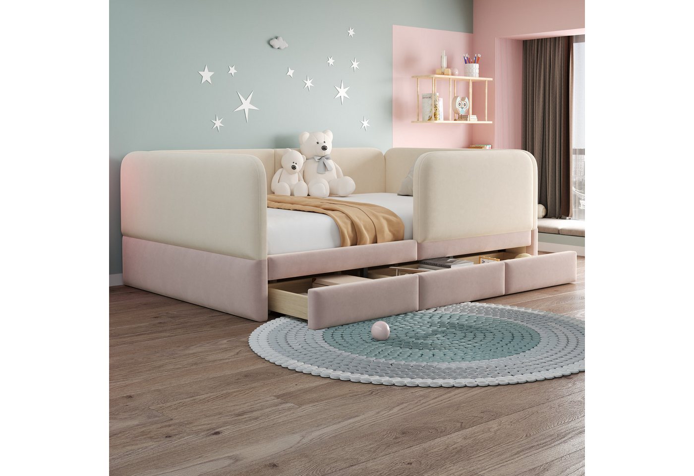 Flieks Polsterbett, Daybett Kinderbett 140x200cm mit Sicherheitsgeländer und 3 Schubladen – Bild 2 von 5