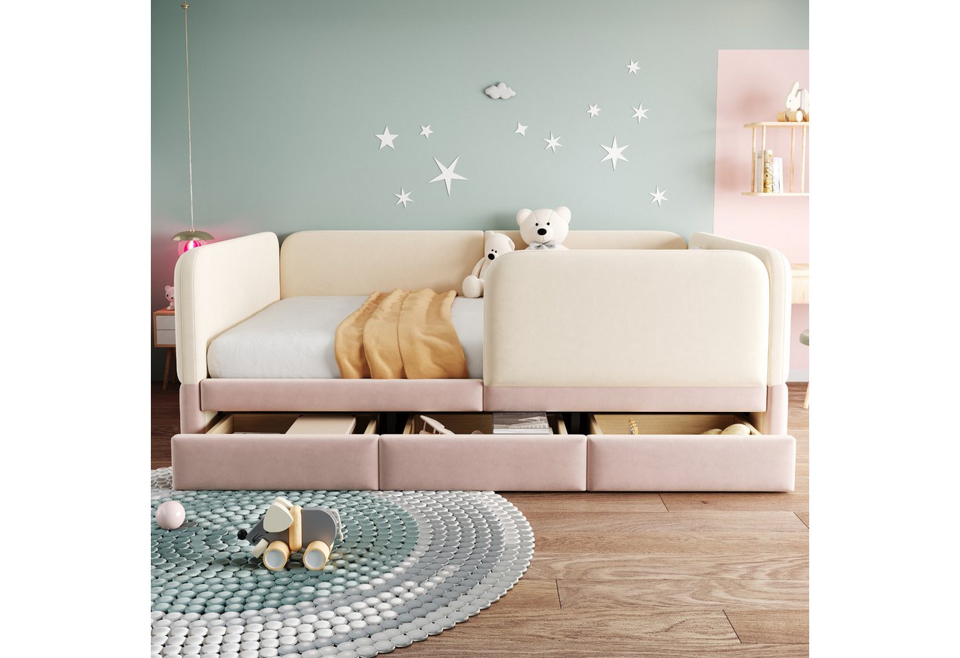 Flieks Polsterbett, Daybett Kinderbett 140x200cm mit Sicherheitsgeländer und 3 Schubladen – Bild 3 von 5
