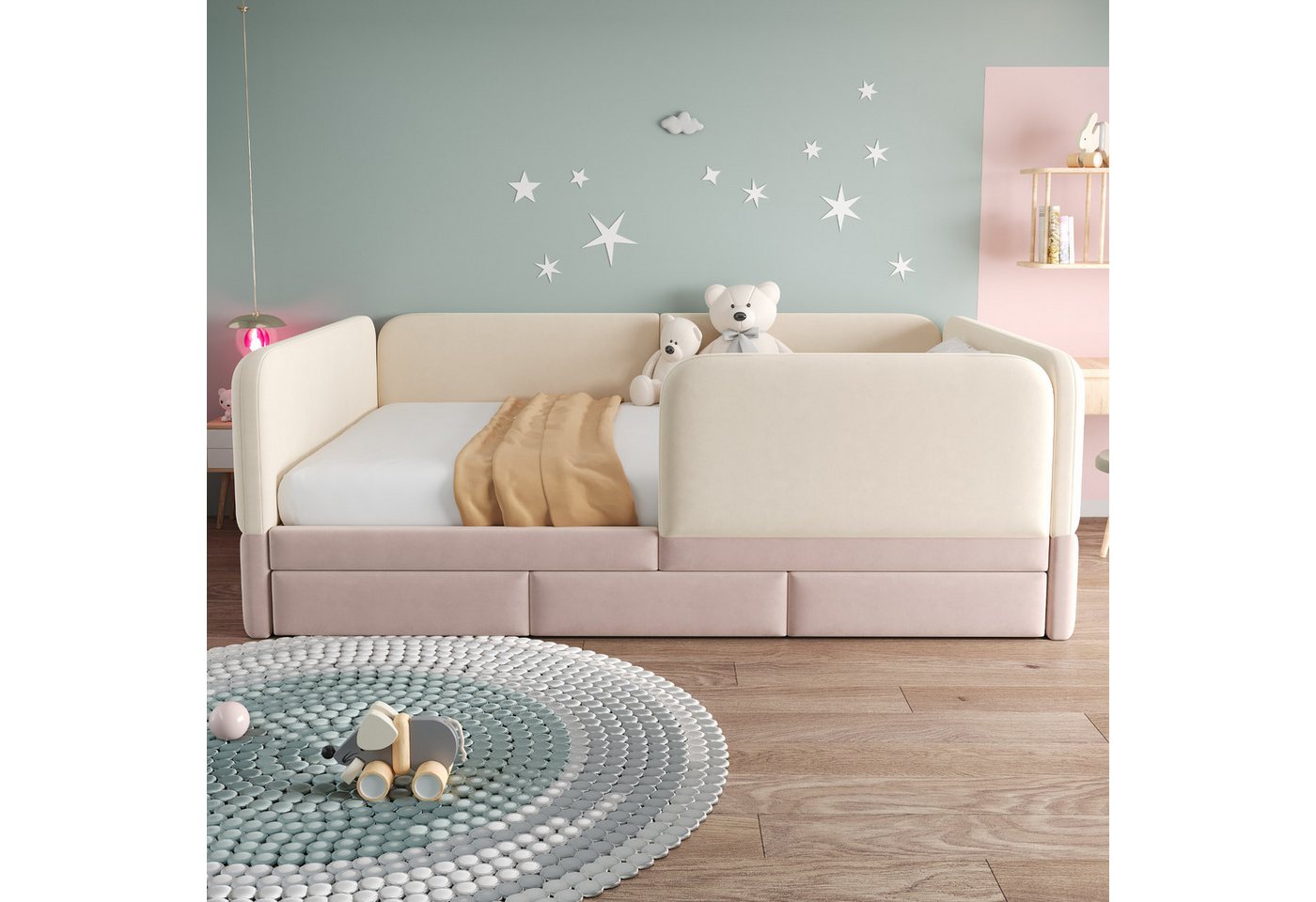 Flieks Polsterbett, Daybett Kinderbett 140x200cm mit Sicherheitsgeländer und 3 Schubladen – Bild 4 von 5