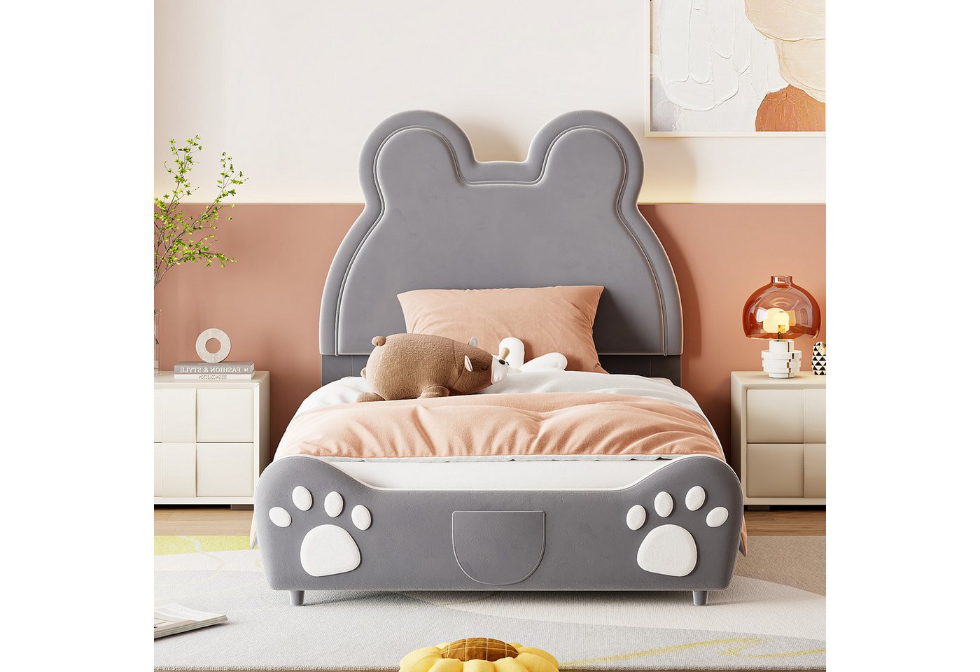 Flieks Polsterbett, Bärenform Kinderbett Einzelbett 90x200cm hautfreundlicher Samt-Stoff – Bild 2 von 5