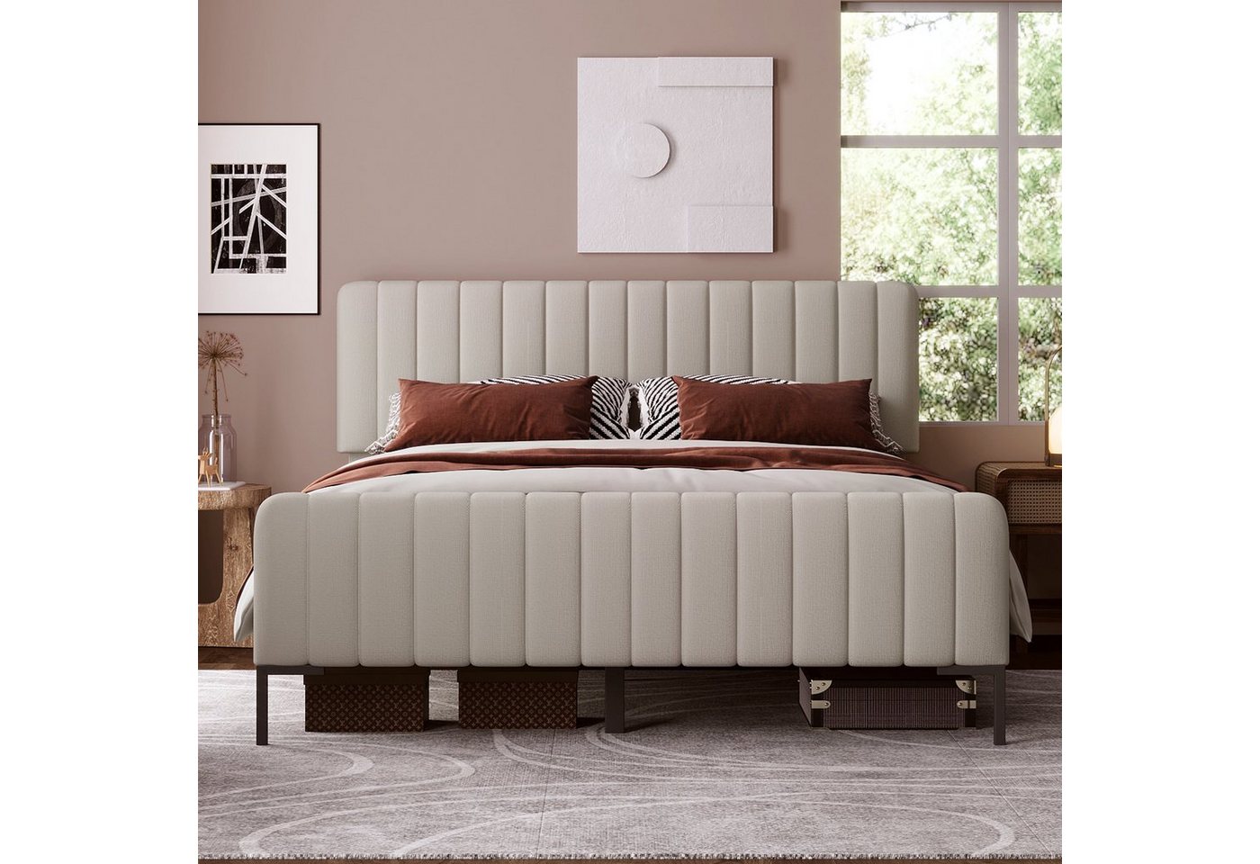 Flieks Polsterbett, Doppelbett verstellbares Kopfteil Leinen 140x200cm – Bild 2 von 5