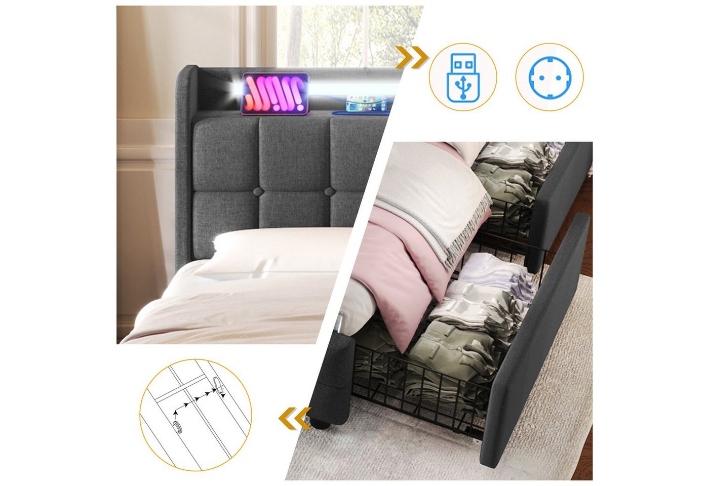 Flieks Polsterbett, LED-Beleuchtung Doppelbett 180x200cm mit Ladefunktion und 4 Schubladen – Bild 5 von 5