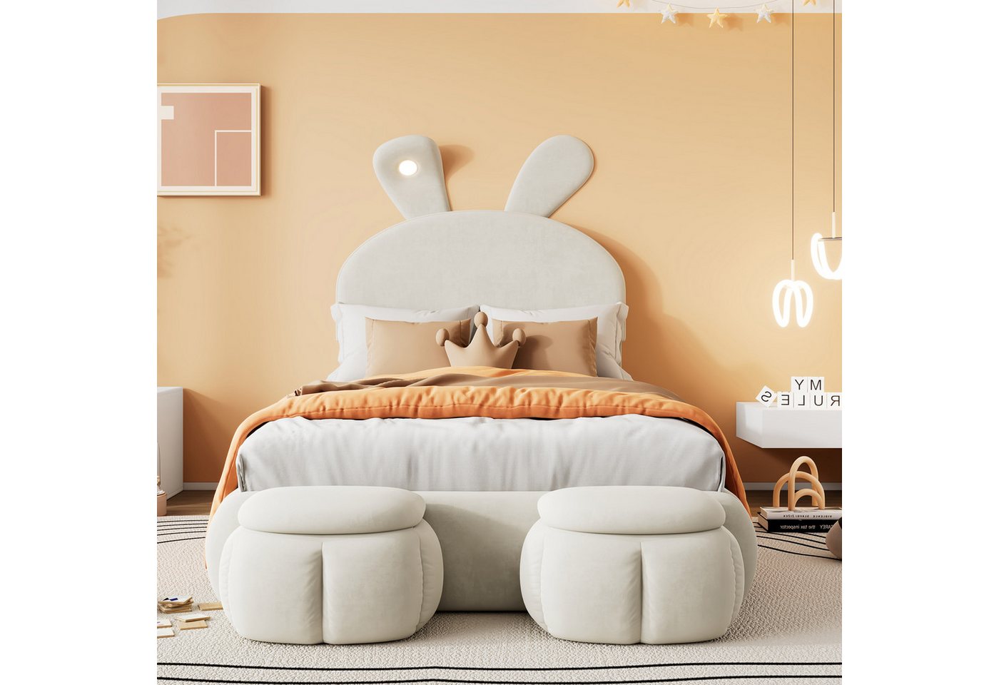 Flieks Polsterbett, LED Einzelbett 90x200cm mit Hasenohren Kopfteil und 2 Stauraumhockern – Bild 2 von 5